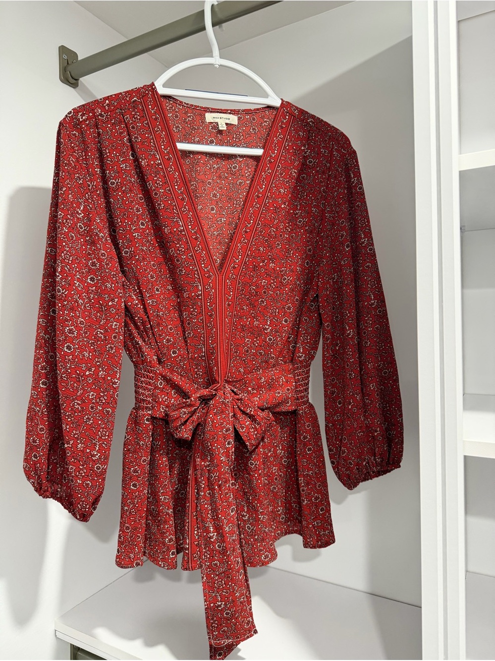 Max Studio Burnt orange color Floral Wrap Blouse with Self Tie Waist
